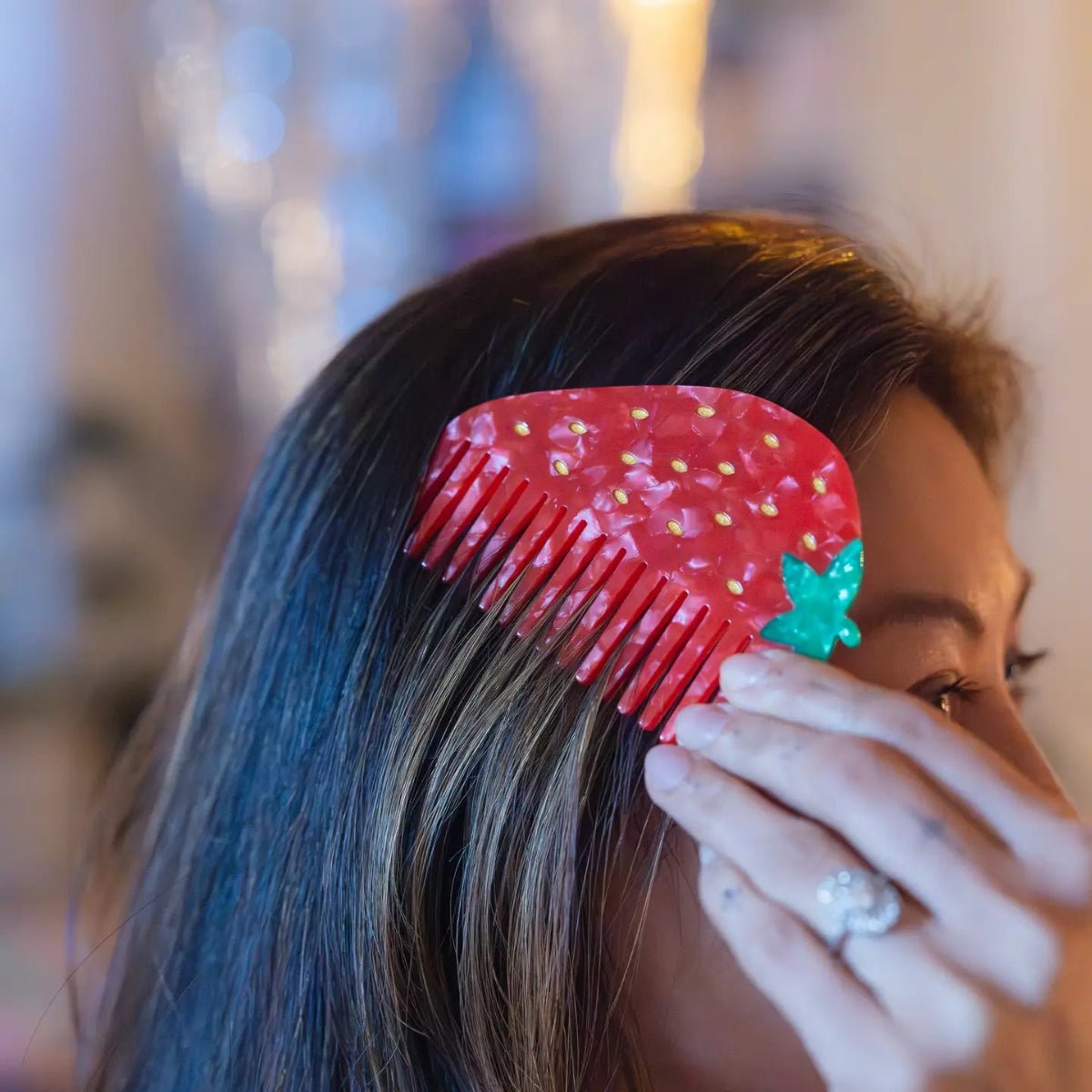 Wide-Tooth Mini Hair Comb - Strawberry - Red & Green - Twirls + Twigs