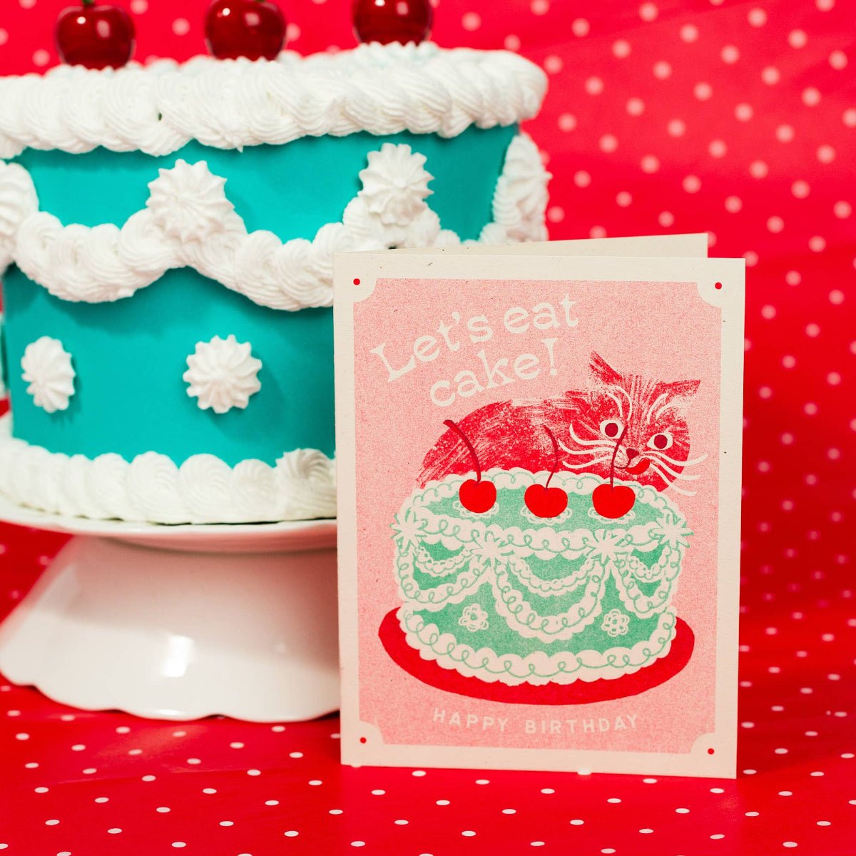 Let's Eat Cake Cat - Risograph Birthday Card - Twirls + Twigs