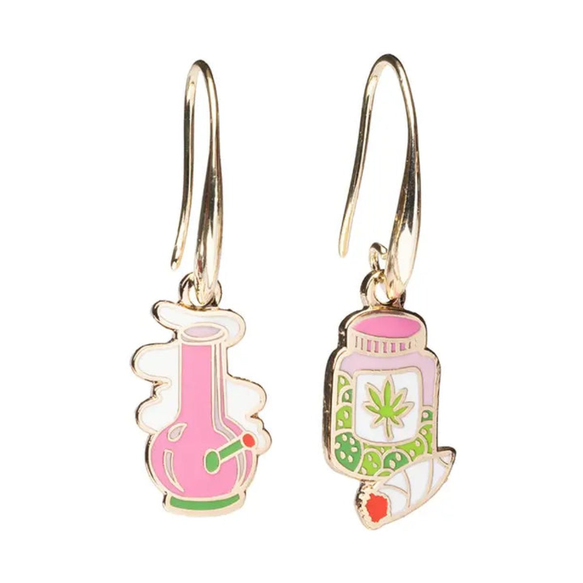Bong & Weed Earrings - Gold Marijuana 420 Statement Jewelry - Twirls + Twigs