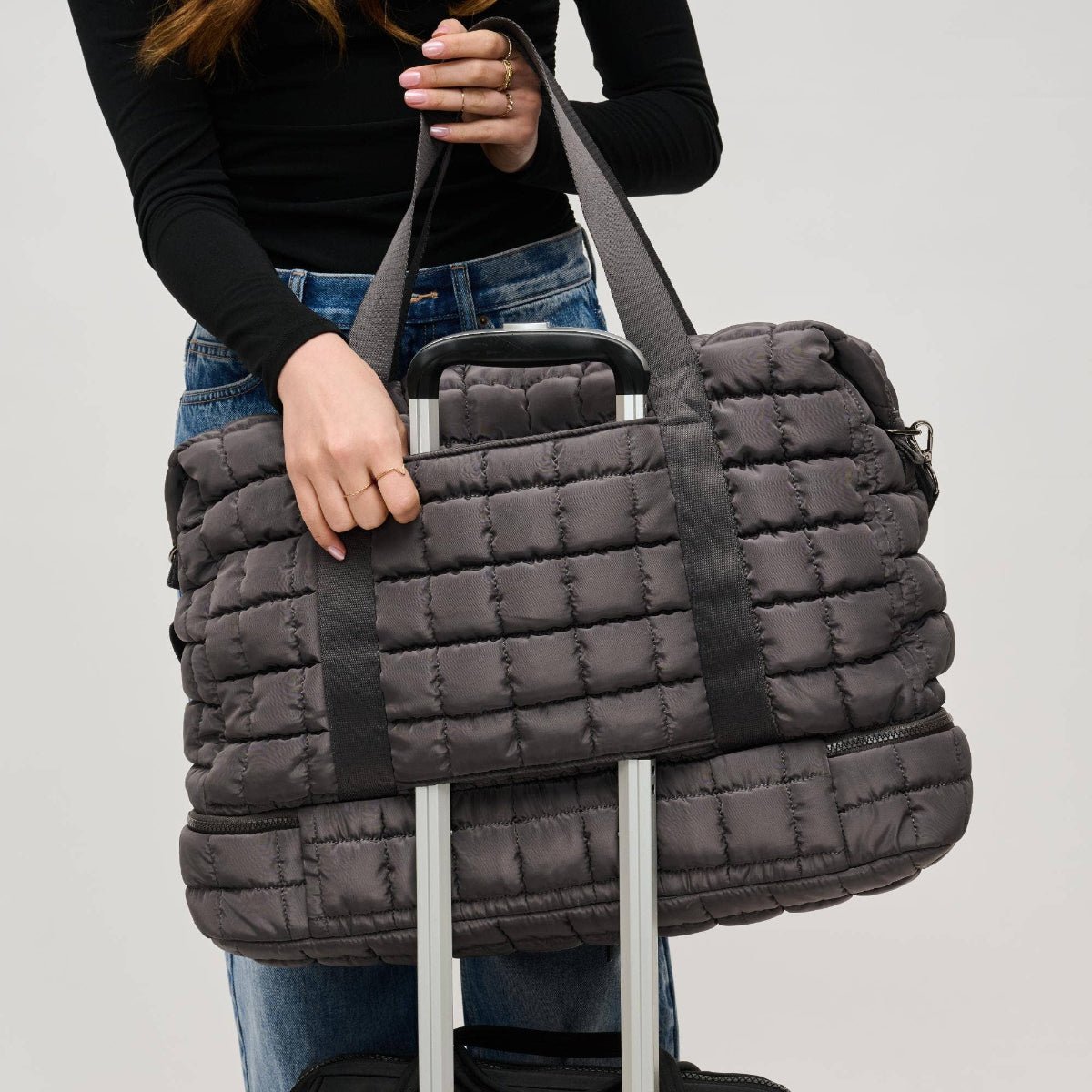 Globetrotter Quilted Nylon Puffer Travel Weekender: Black - Twirls + Twigs