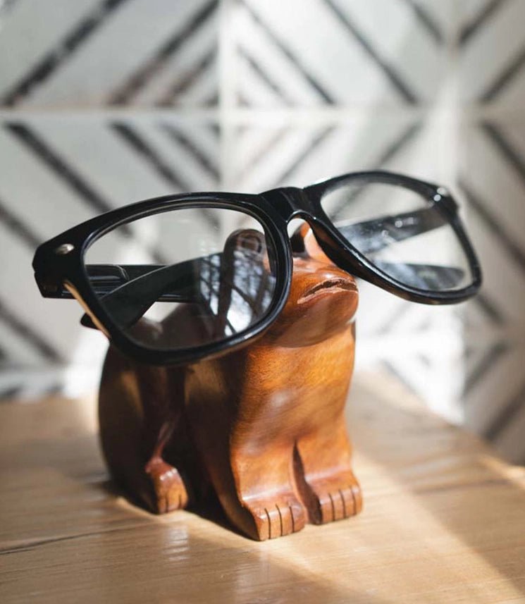 Frog Eyeglass Holder Stand - Hand Carved Wood - Twirls + Twigs