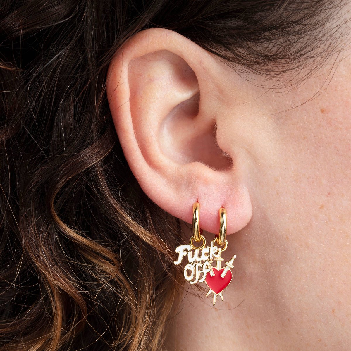 F*ck Off & Heart/Daggers Hoop Earrings - Gold Statement - Twirls + Twigs