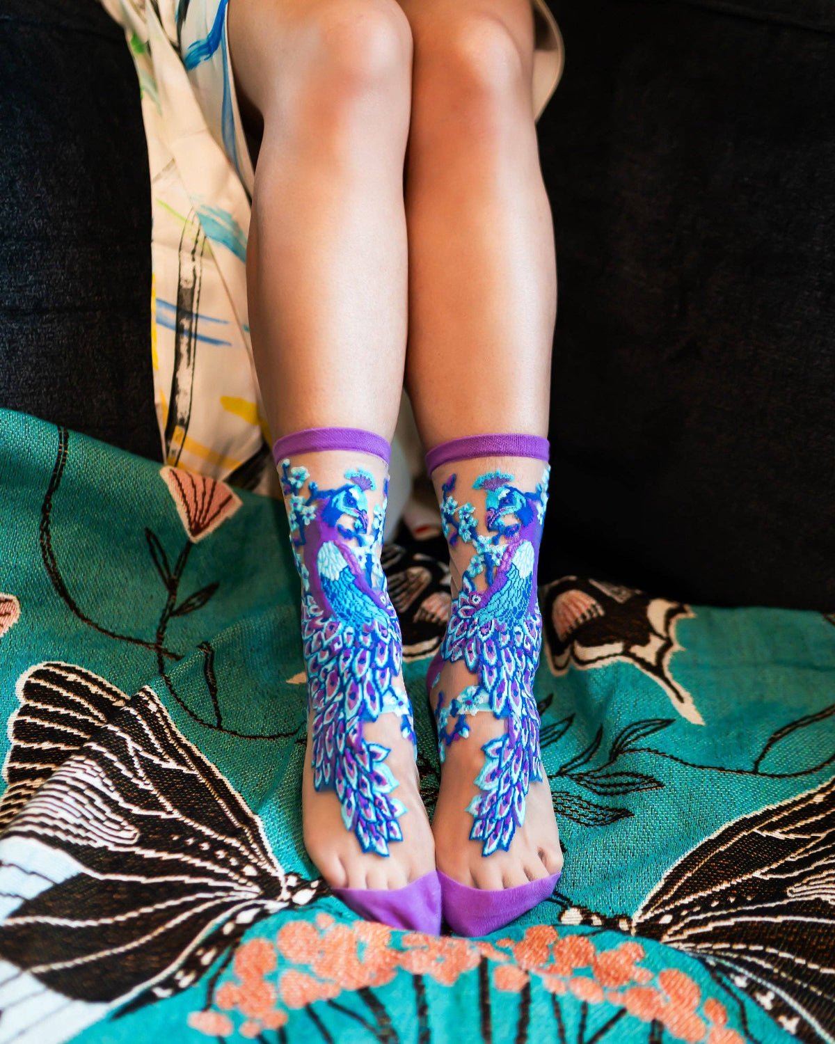 Aquamarine Peacock Sheer Crew Sock - Twirls + Twigs