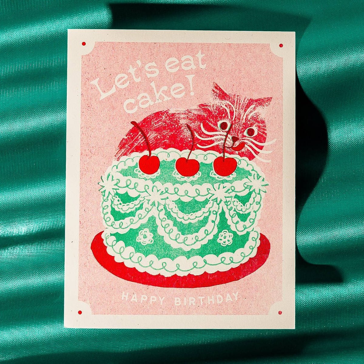 Let's Eat Cake Cat - Risograph Birthday Card - Twirls + Twigs