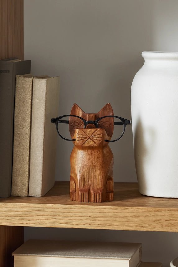Cat Eyeglass Holder Stand - Hand Carved Wood - Twirls + Twigs