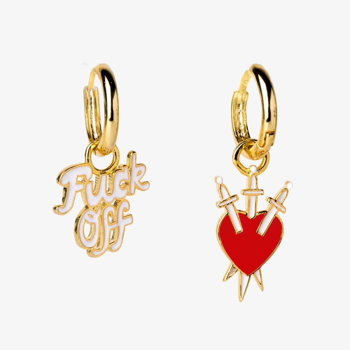 F*ck Off & Heart/Daggers Hoop Earrings - Gold Statement - Twirls + Twigs