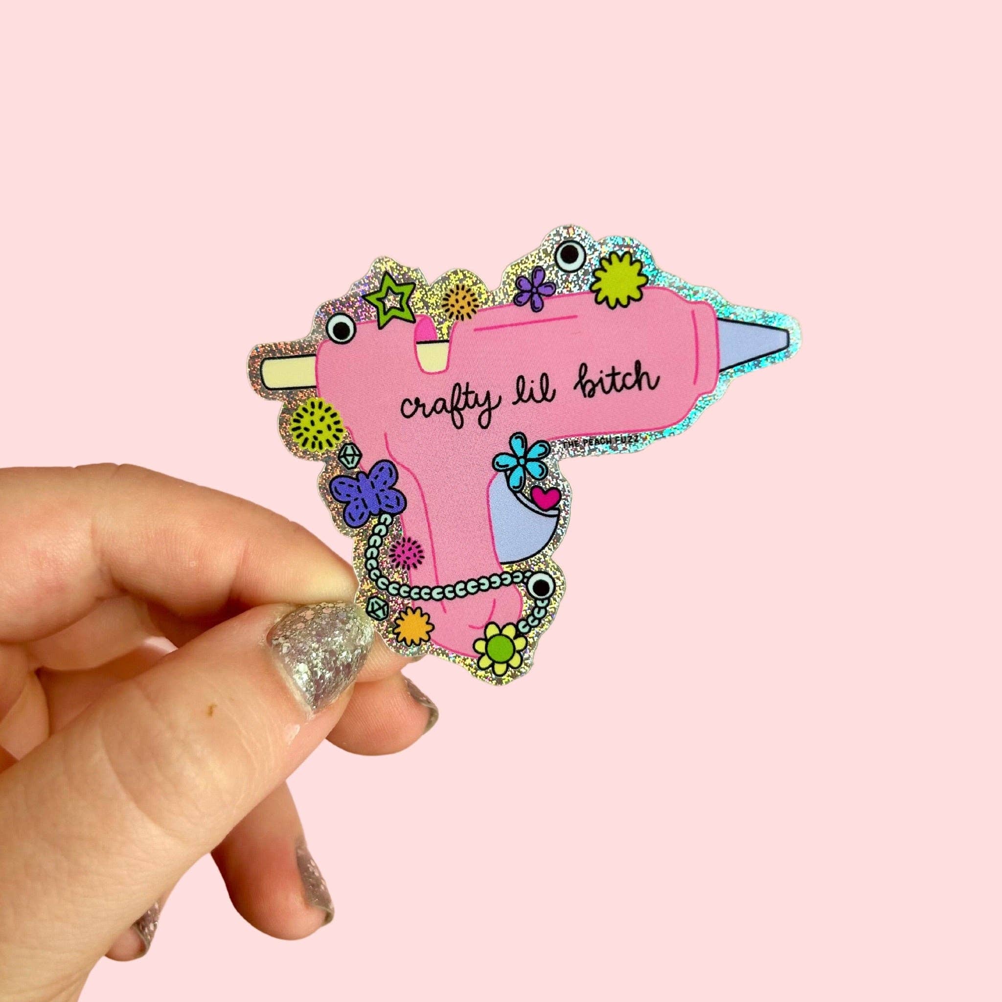 Crafty Lil Bitch Hot Glue Gun Glitter Sticker - Twirls + Twigs