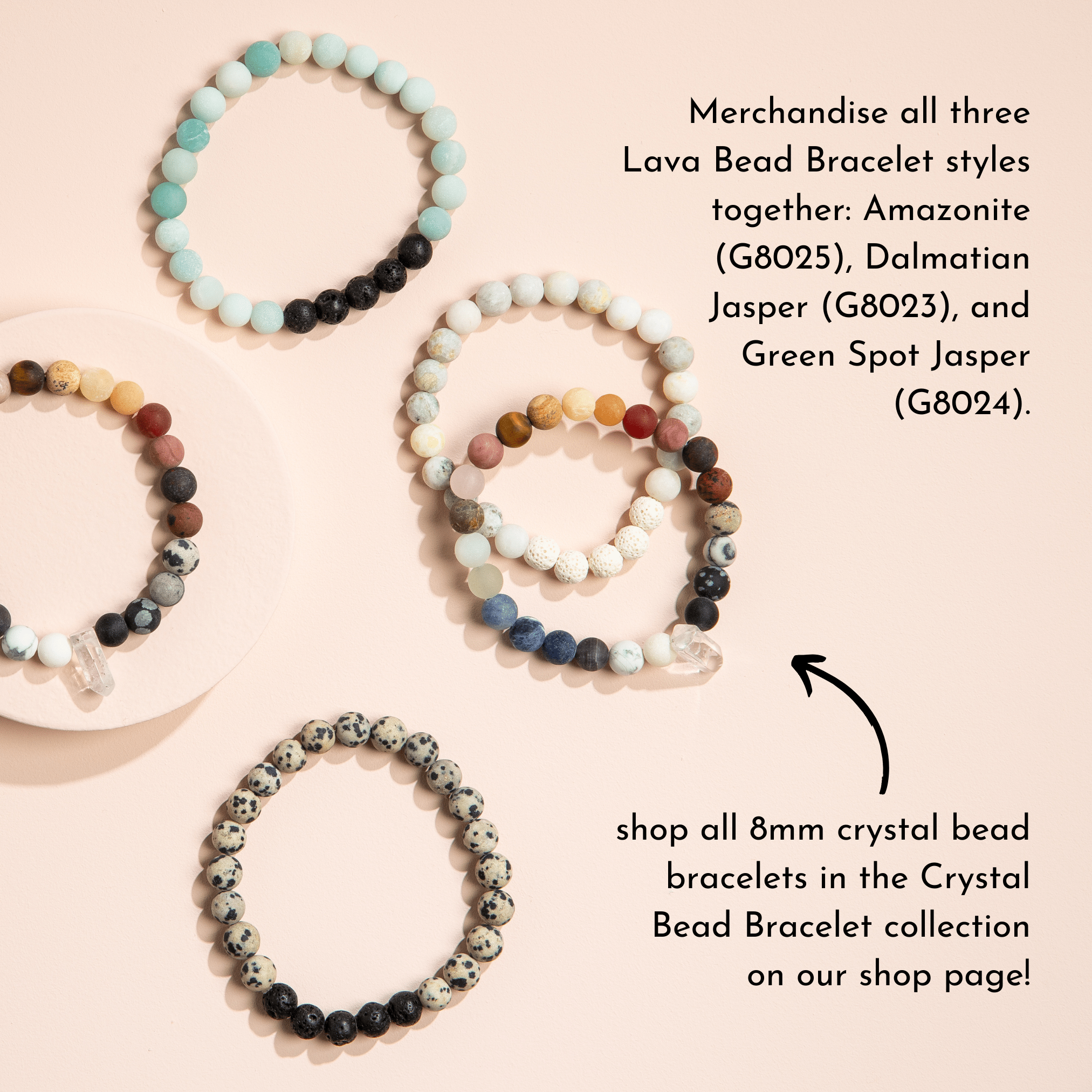 GeoCentral - Dalmatian Jasper Lava Crystal Bead Gemstone Bracelets 8mm - Twirls + Twigs