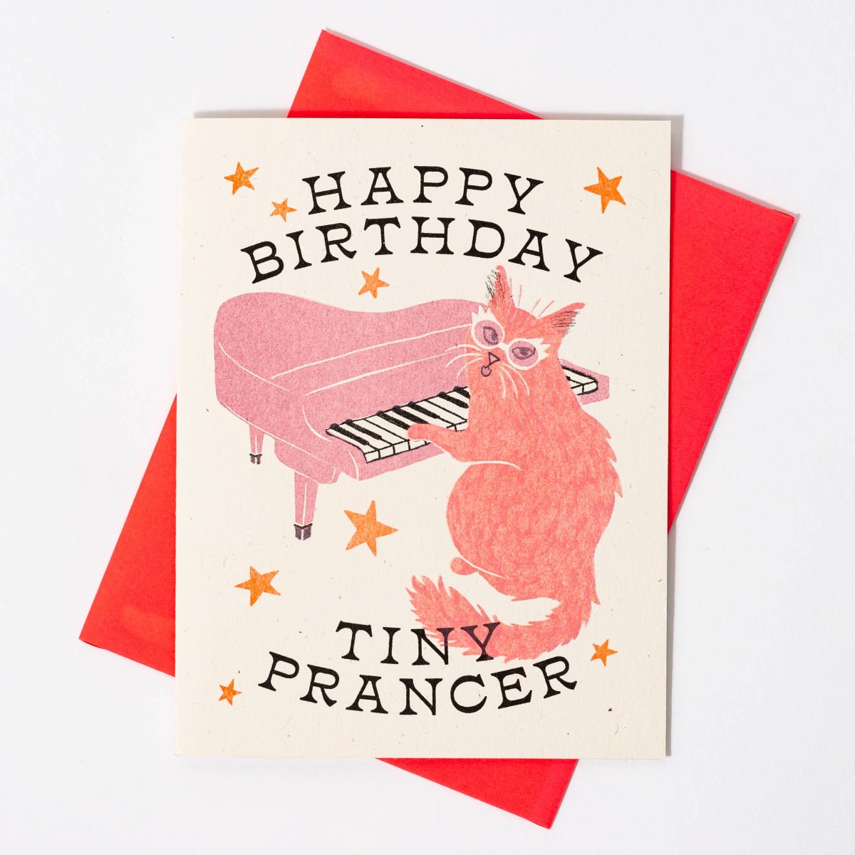 Happy Birthday Tiny Prancer Cat - Risograph Card - Twirls + Twigs