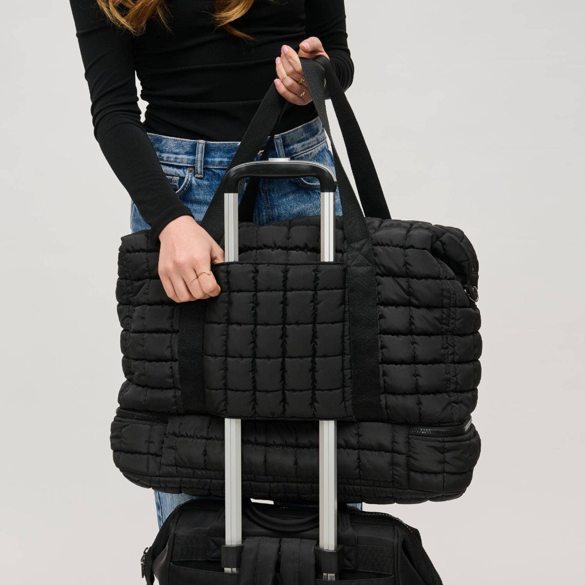 Globetrotter Quilted Nylon Puffer Travel Weekender: Black - Twirls + Twigs