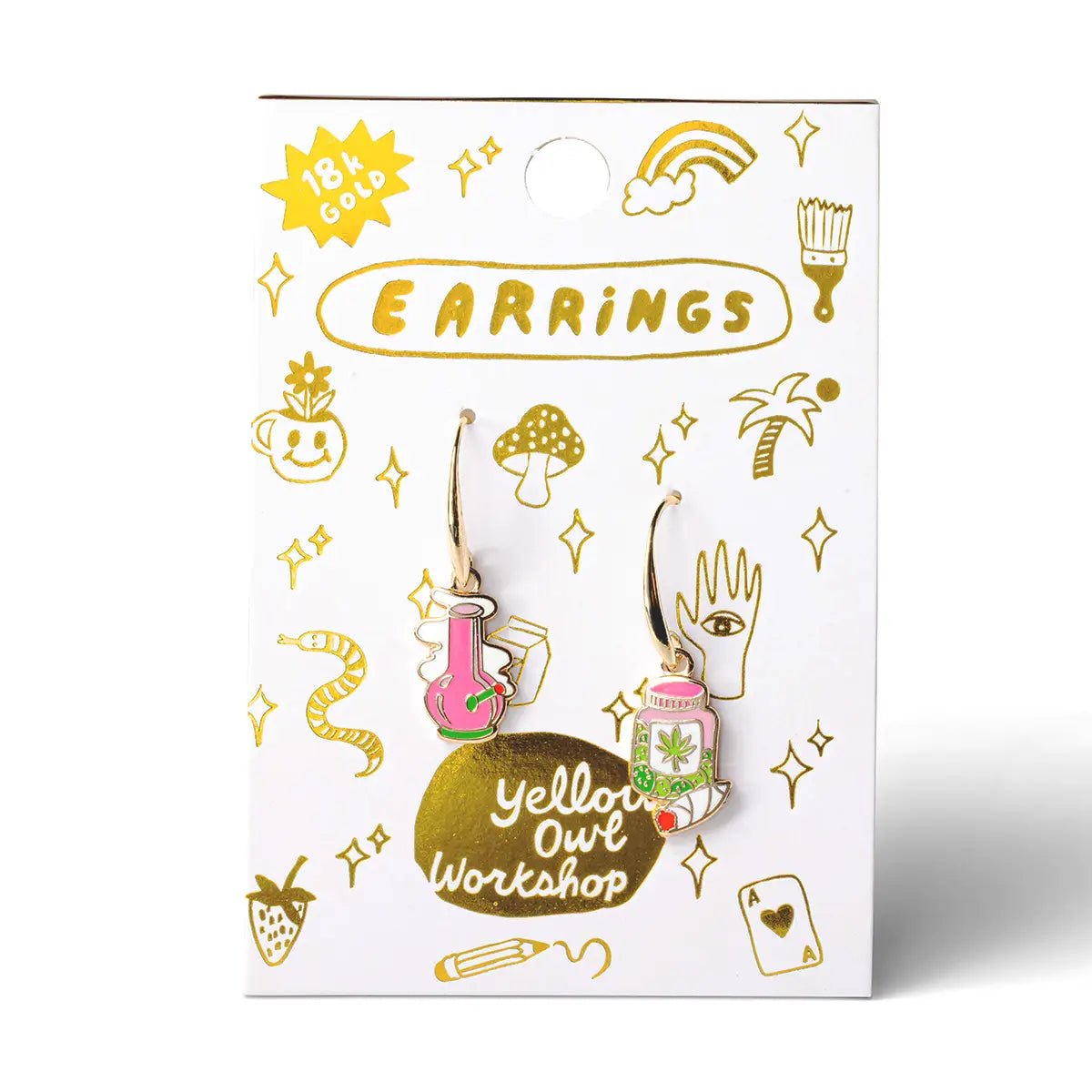 Bong & Weed Earrings - Gold Marijuana 420 Statement Jewelry - Twirls + Twigs