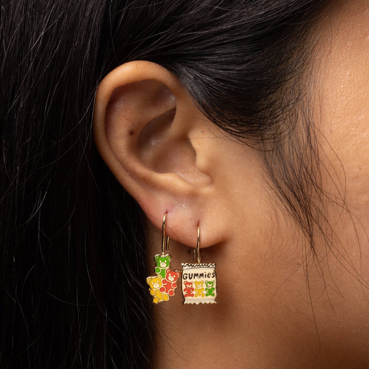 Gummy Bear Drop Earrings | Mismatched Gold Dangle Earrings - Twirls + Twigs