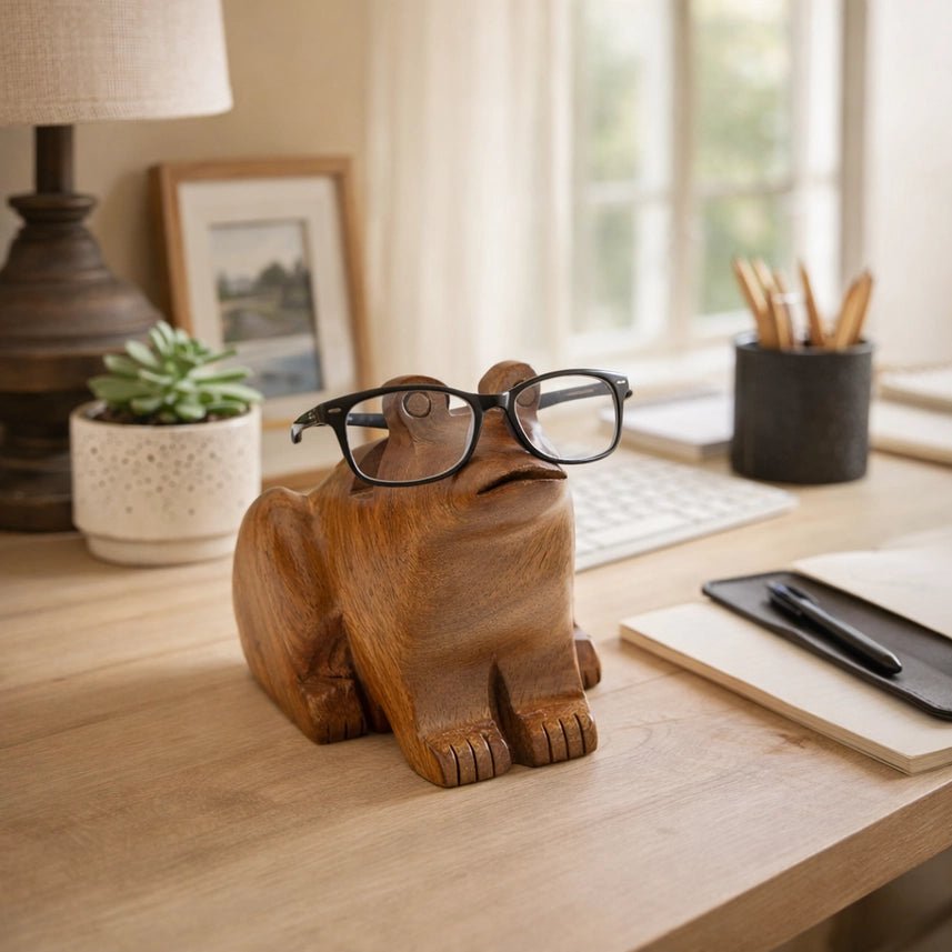 Frog Eyeglass Holder Stand - Hand Carved Wood - Twirls + Twigs
