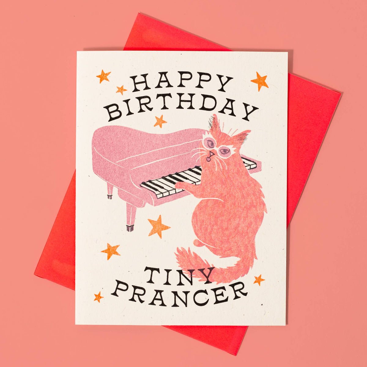 Happy Birthday Tiny Prancer Cat - Risograph Card - Twirls + Twigs