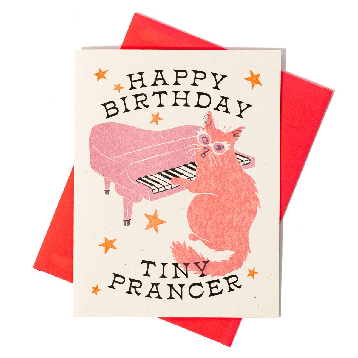 Happy Birthday Tiny Prancer Cat - Risograph Card - Twirls + Twigs