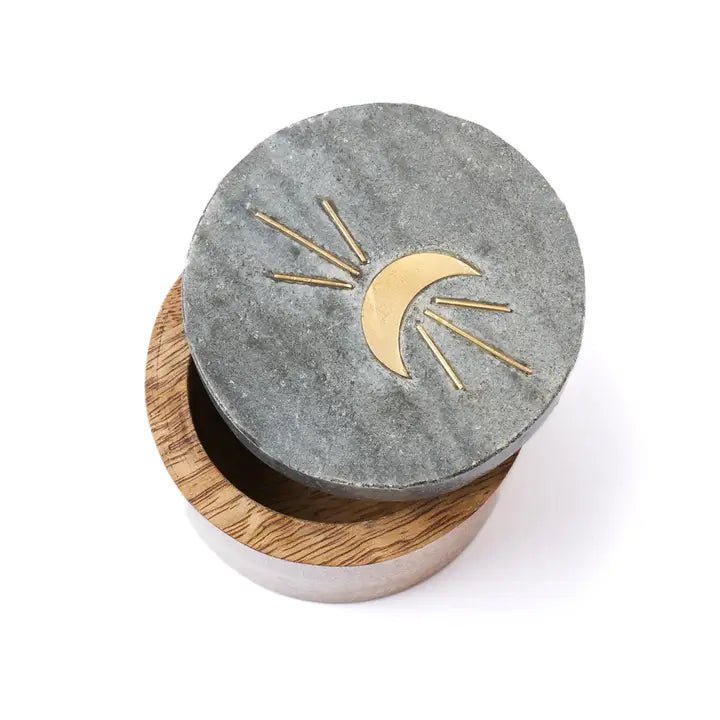 Indukala Moon Phase Keepsake Box - Black Marble, Wood, Brass - Twirls + Twigs