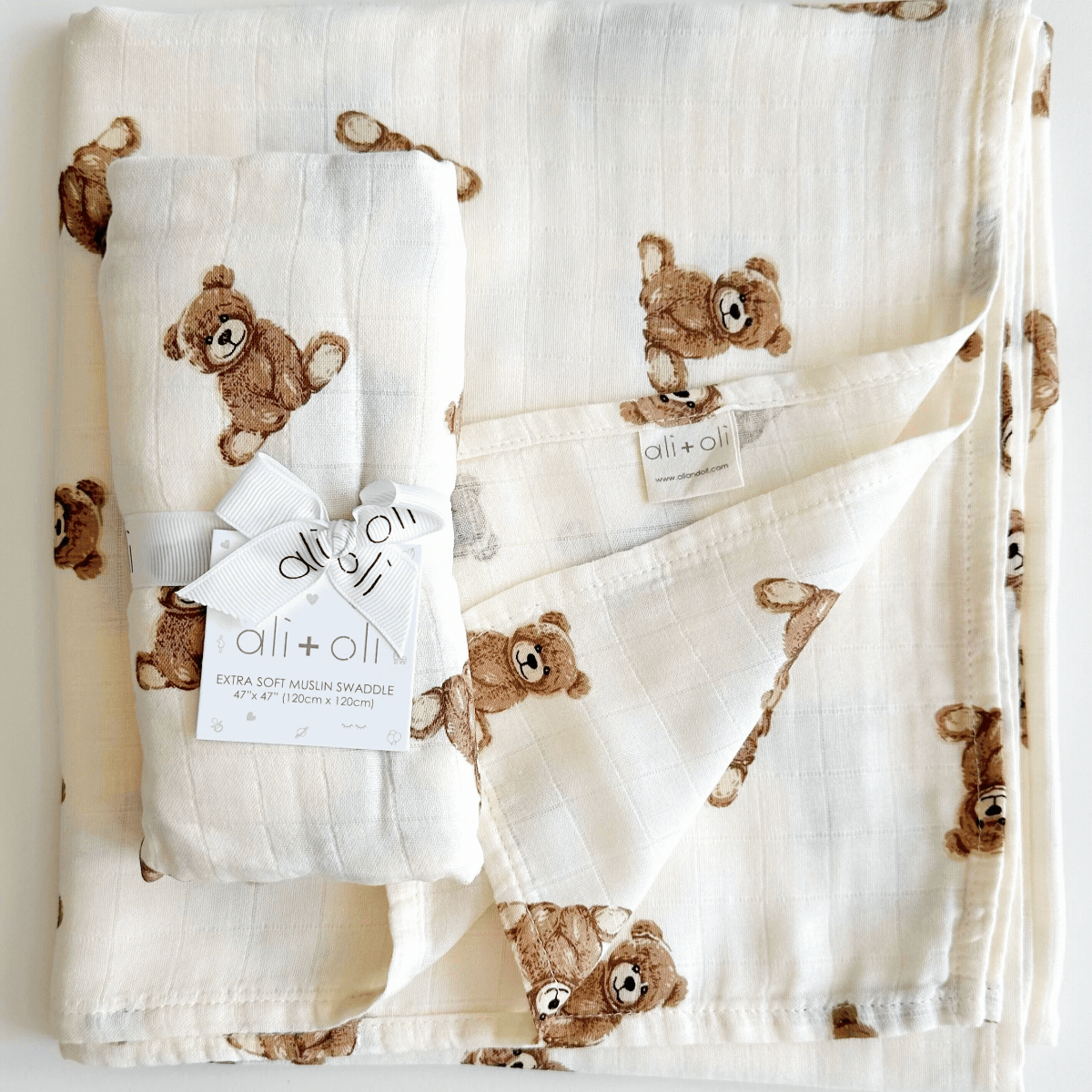 Bamboo Muslin Swaddle Baby Blanket (Teddy Bear) - Twirls + Twigs