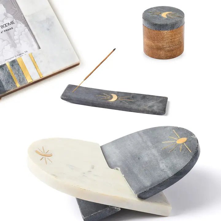 Indukala Moon Phase Keepsake Box - Black Marble, Wood, Brass - Twirls + Twigs