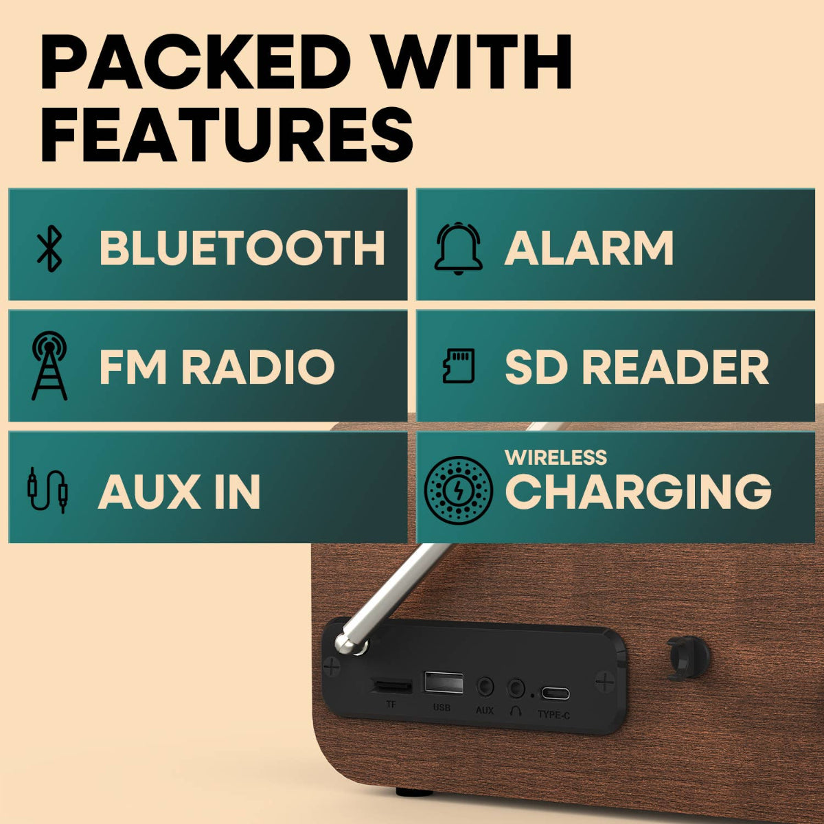 Hark Bluetooth Radio Speaker w/ Wireless 10w charger: Brown - Twirls + Twigs