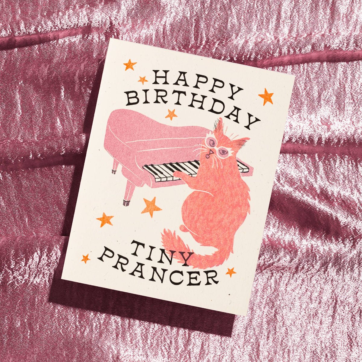Happy Birthday Tiny Prancer Cat - Risograph Card - Twirls + Twigs
