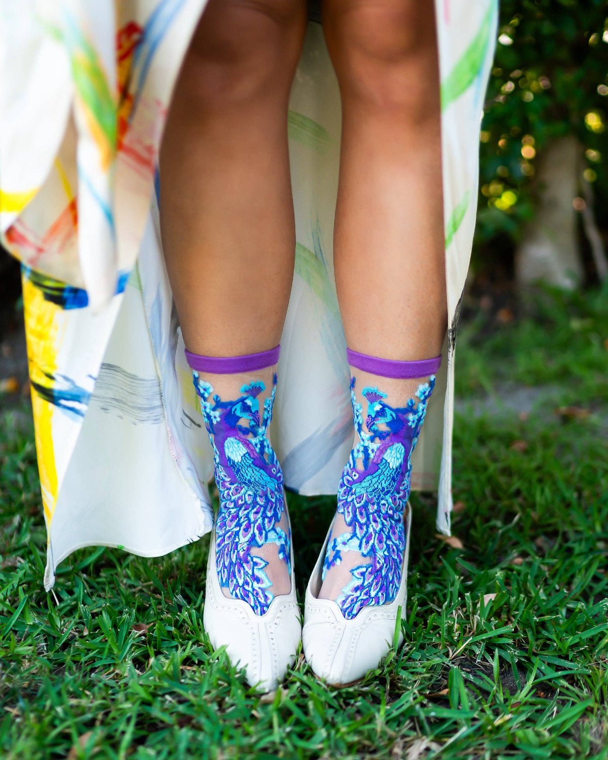 Aquamarine Peacock Sheer Crew Sock - Twirls + Twigs