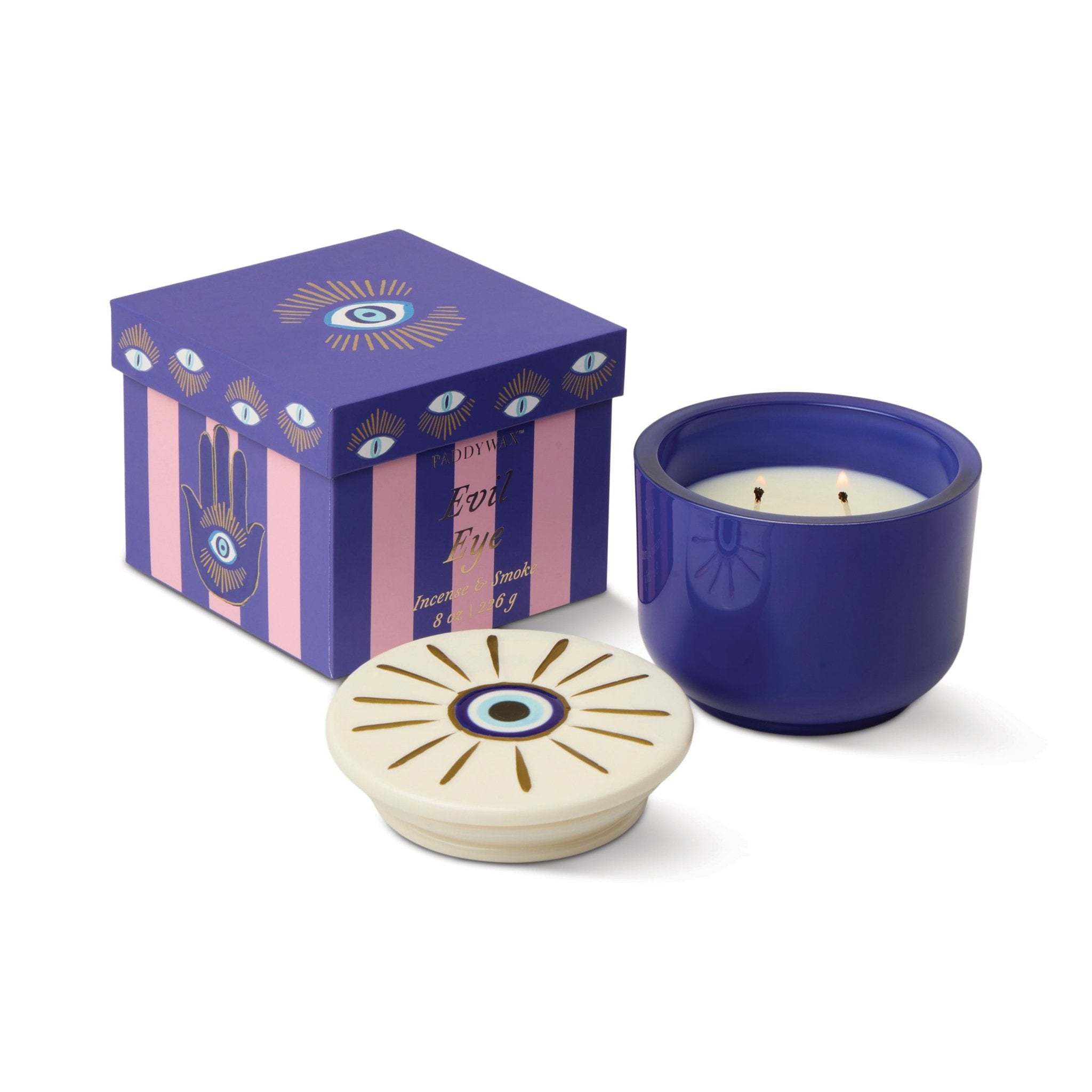Charmed Candle with Evil Eye Lid in Incense & Smoke 8oz - Twirls + Twigs