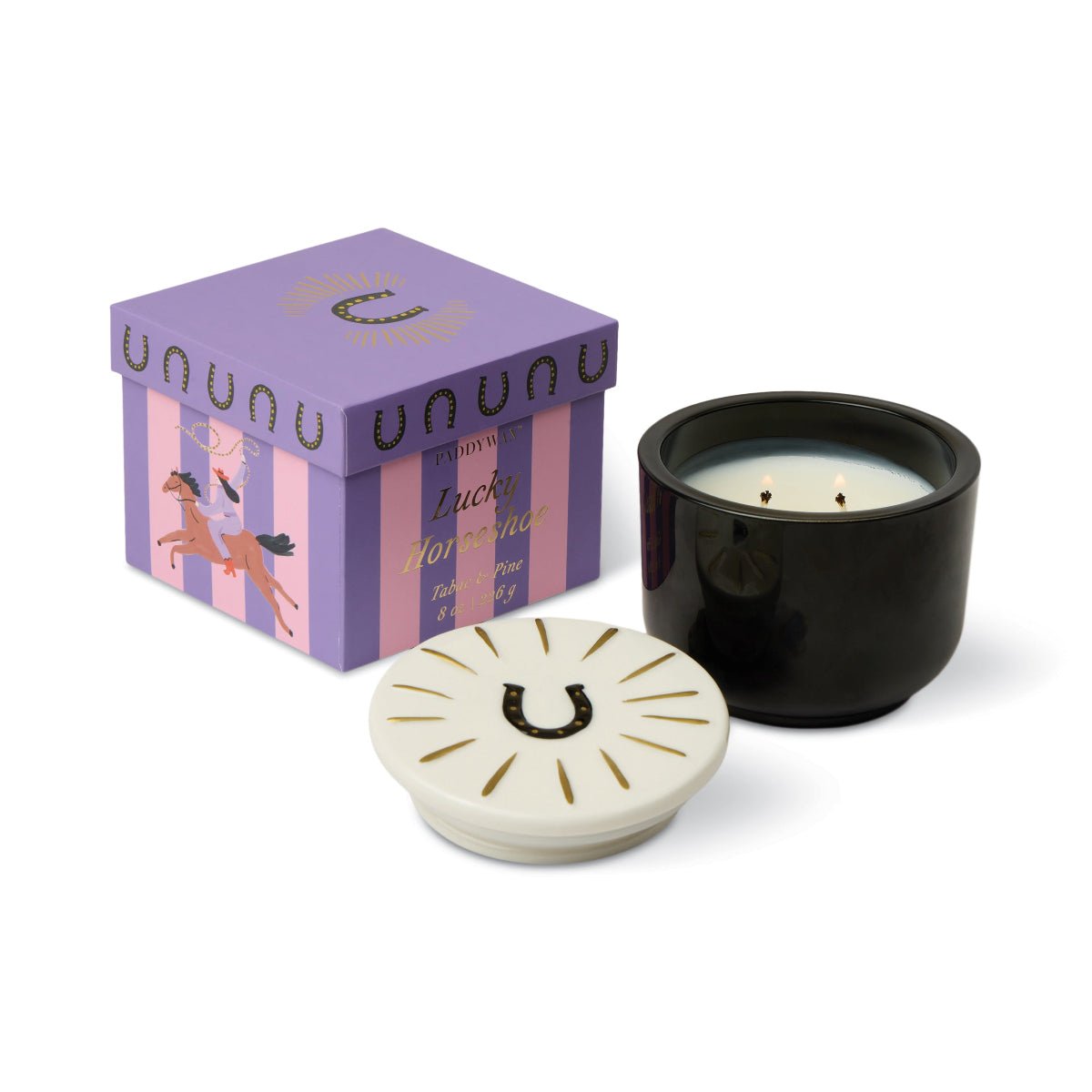 Charmed Black Glass Candle with Horseshoe Lid - Tabac & Pine 8oz - Twirls + Twigs