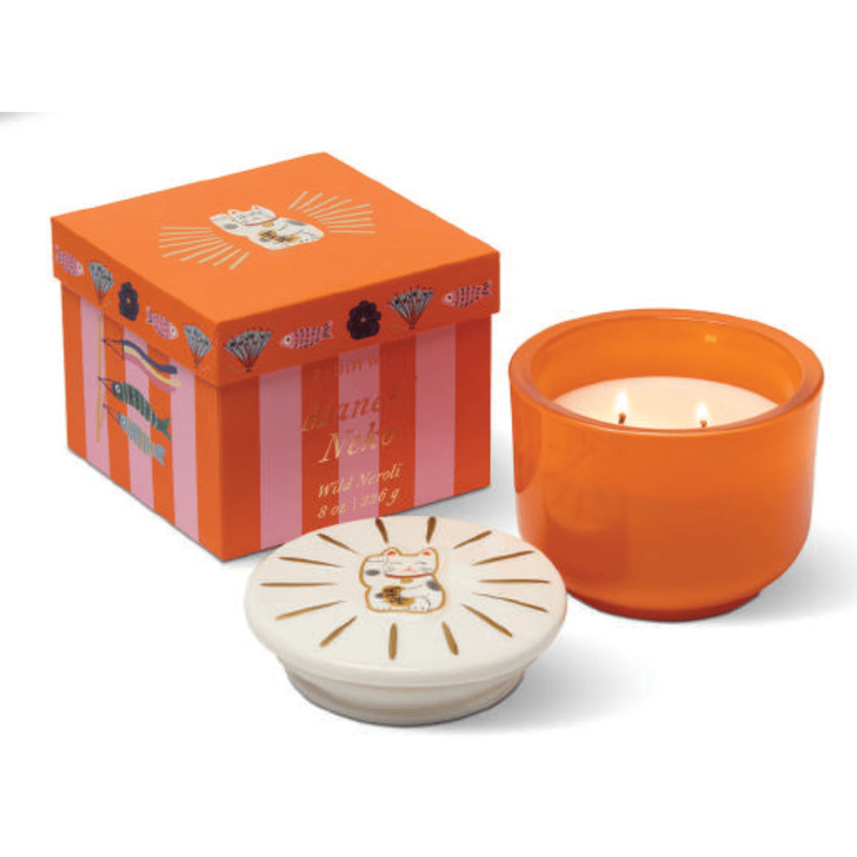 MANEKI-NEKO CAT CHARMED CANDLE GLASS WITH EMBOSSED CERAMIC LID & BOX - Wild Neroli - Twirls + Twigs