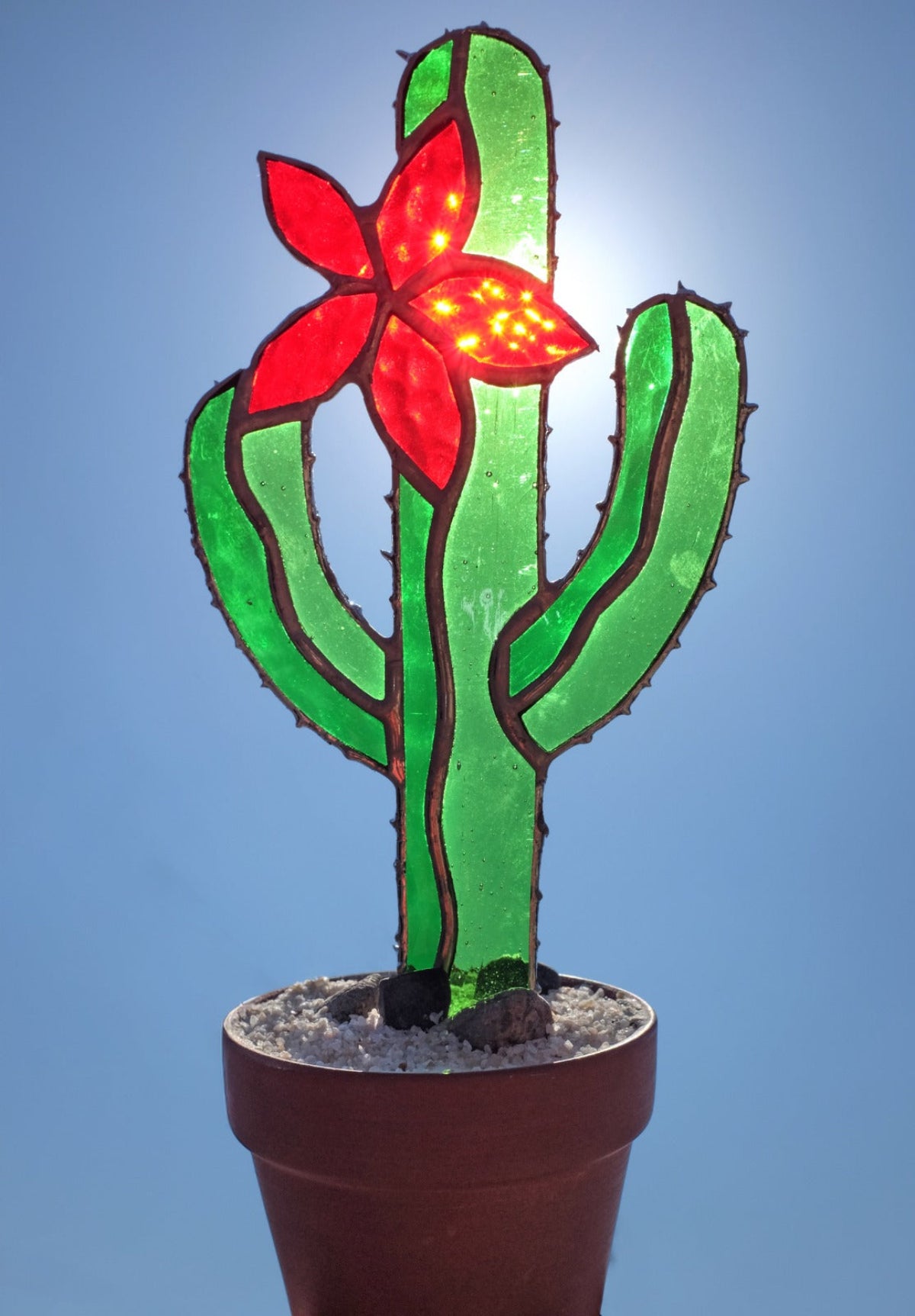 Handmade Stained Glass Potted Cactus Art - Twirls + Twigs