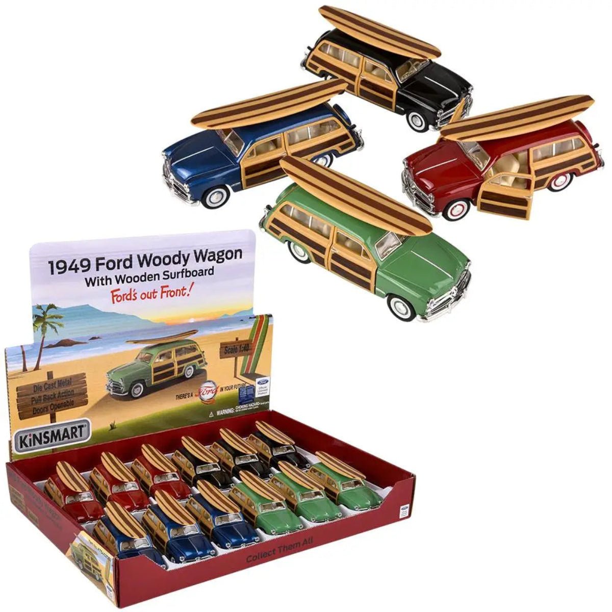 5" Diecast Pull Back 1949 Ford Woody Wagon W/ Surfboard - Twirls + Twigs