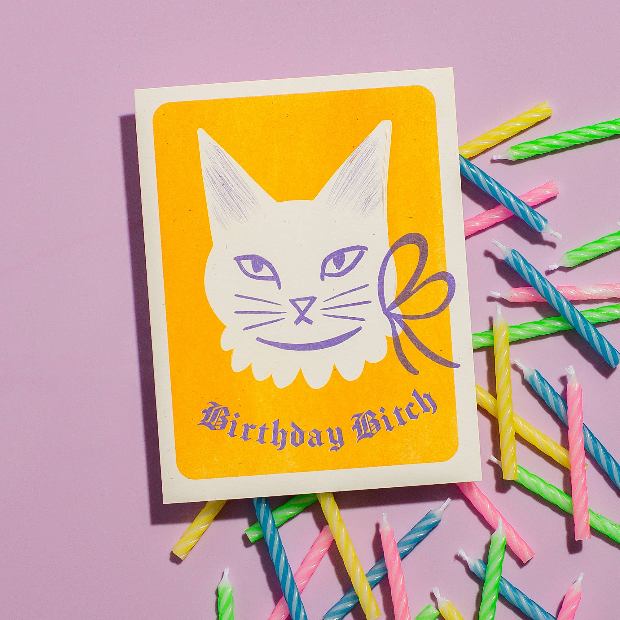 Birthday Bitch Cat - Risograph Card - Twirls + Twigs