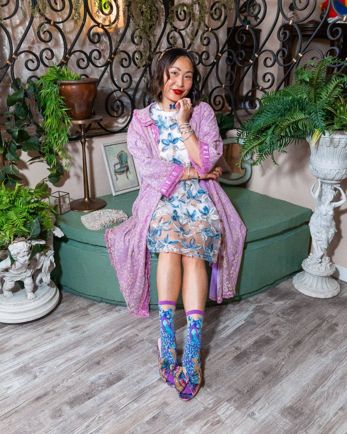 Aquamarine Peacock Sheer Crew Sock - Twirls + Twigs