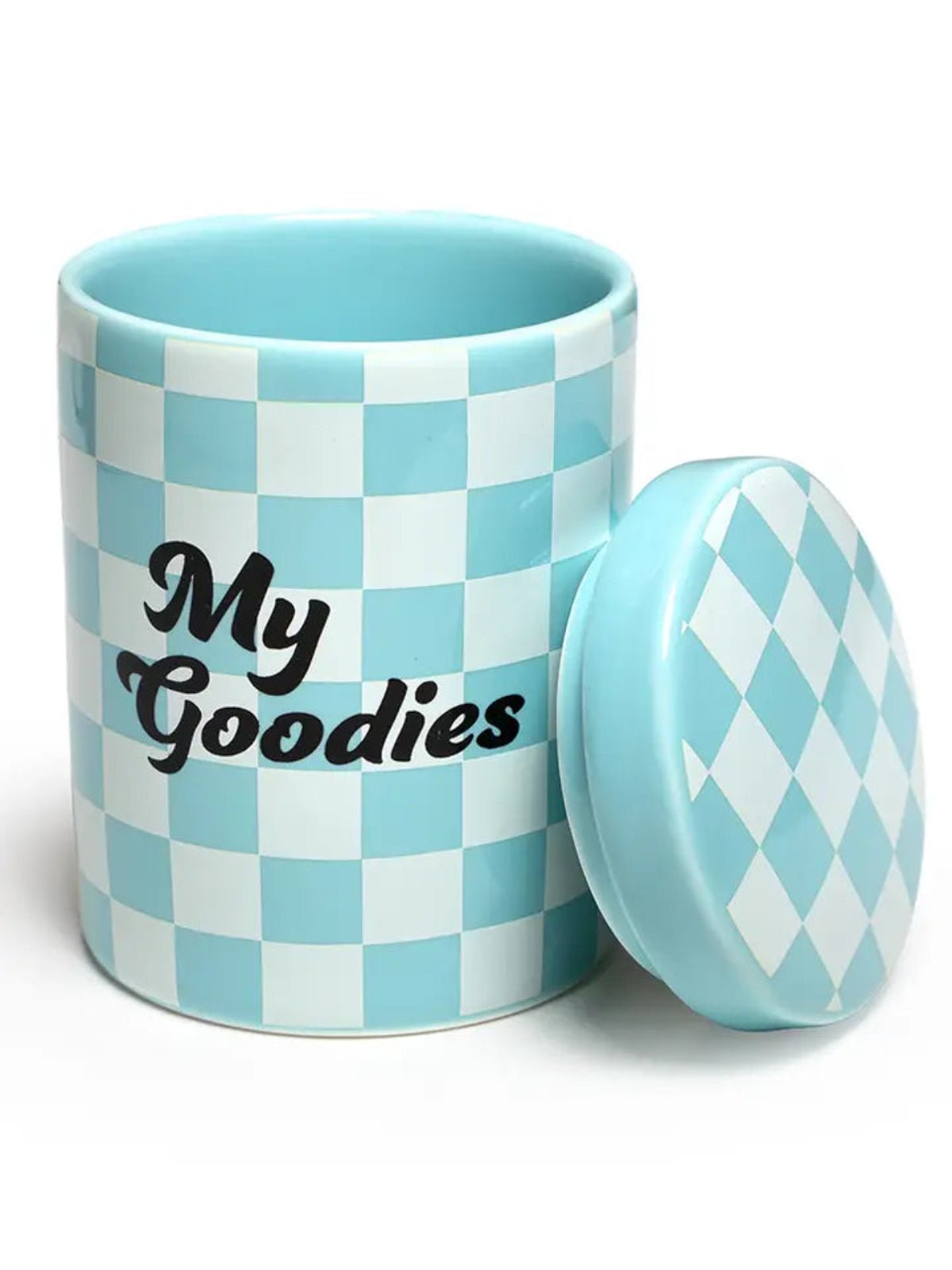 Ceramic Stash Box w/ Lid - "My Goodies" - Blue Checkered - Twirls + Twigs