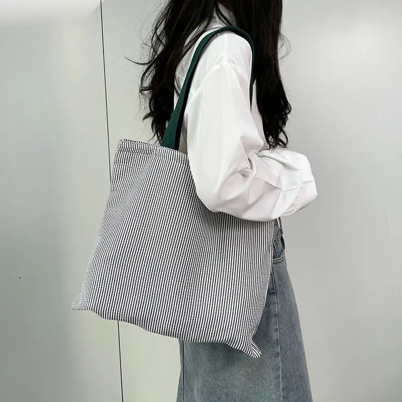 2026 Women Color Block Striped Canvas Tote Bag - Twirls + Twigs