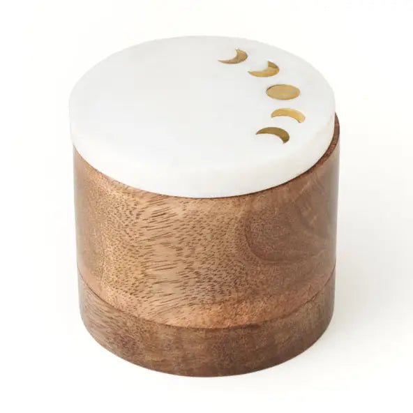 Indukala Moon Phase Round Keepsake Box - Wood, Marble, Brass - Twirls + Twigs