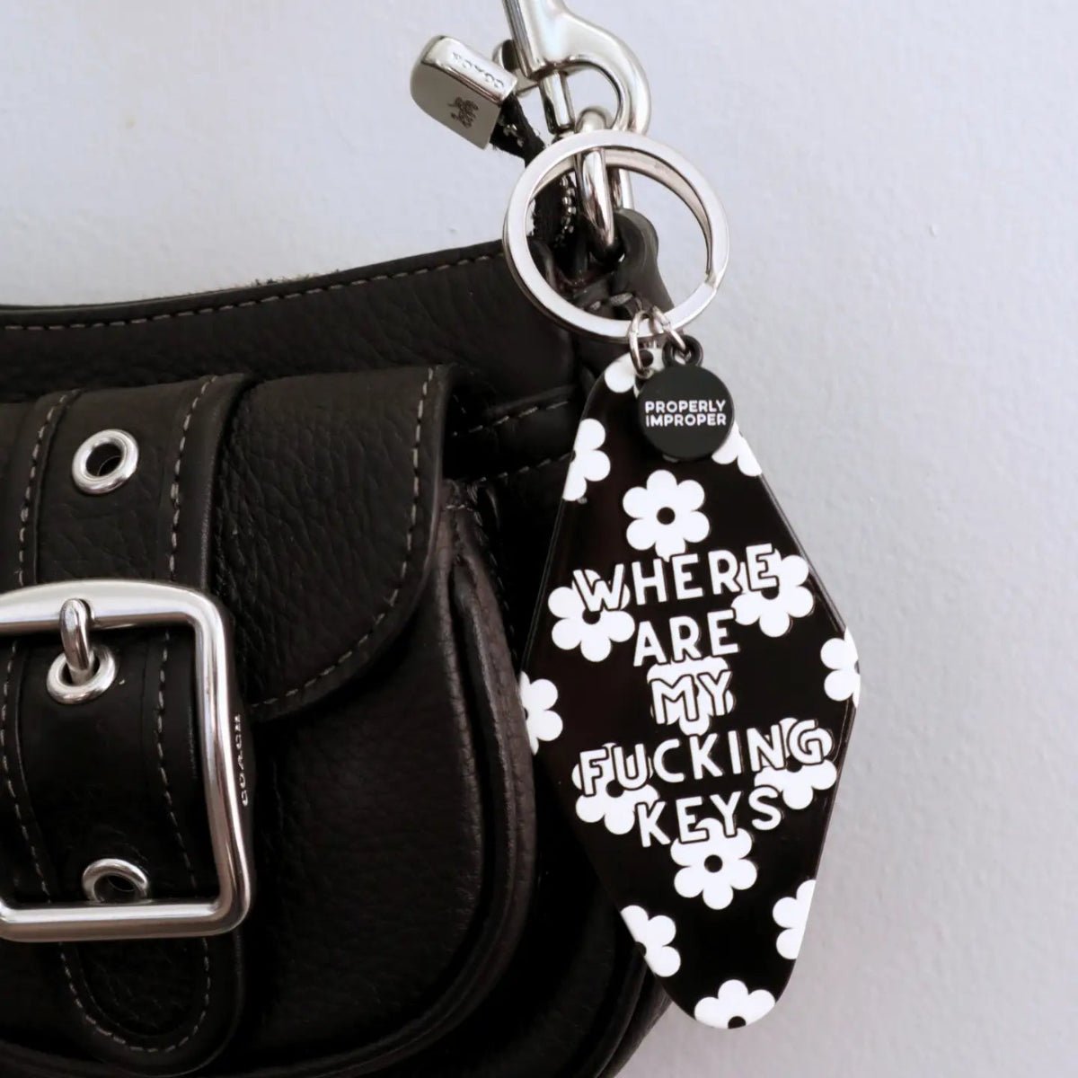 Printed Keychain Black Floral Where Are My Fucking Keys - Twirls + Twigs