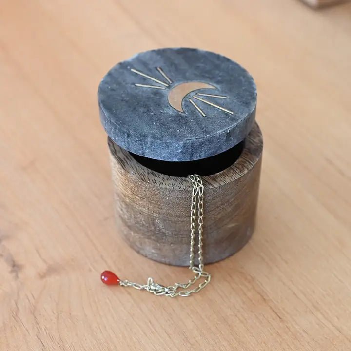 Indukala Moon Phase Keepsake Box - Black Marble, Wood, Brass - Twirls + Twigs