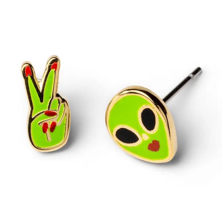 Alien Peace Sign Gold Stud Earrings – Space Jewelry - Twirls + Twigs