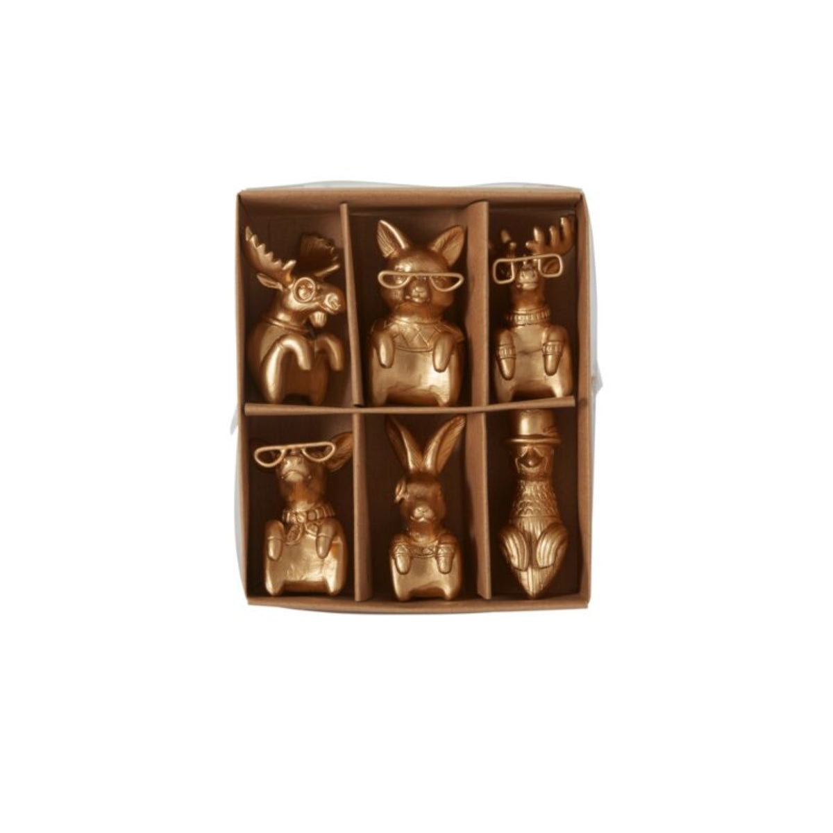 Set of six gold animal figurines in a box on a white background