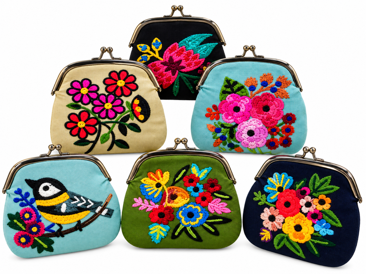 Embroidered Kiss Lock Coin Purse – Assorted - Twirls + Twigs
