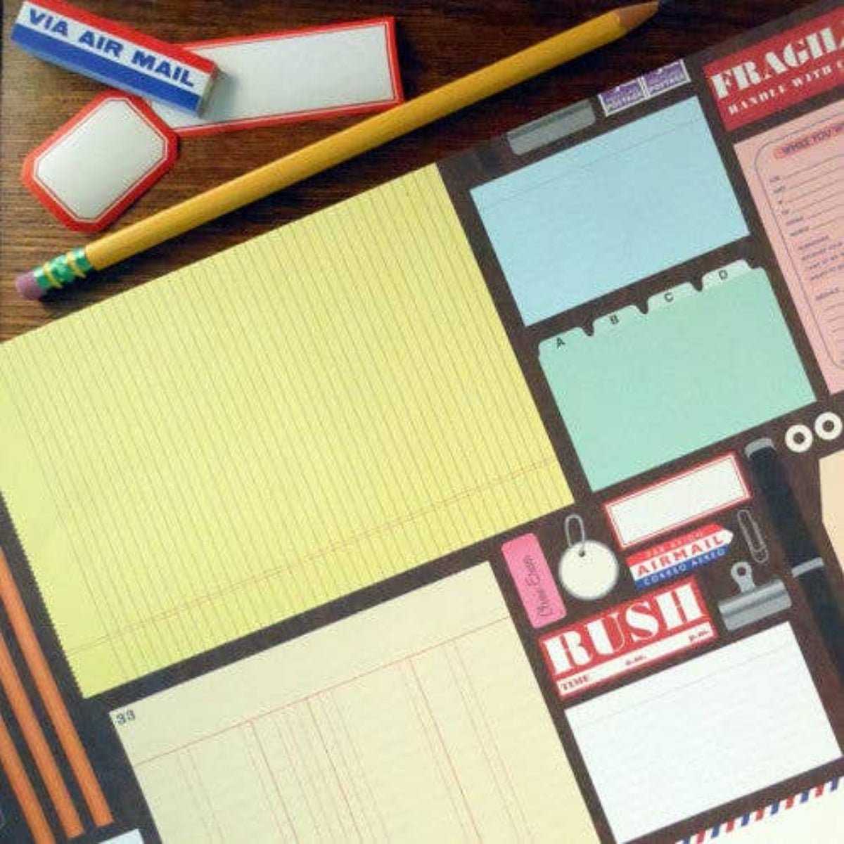 Vintage Office Supplies Gift Wrap: 2 flat sheet 20" x 28" rolled - Twirls + Twigs