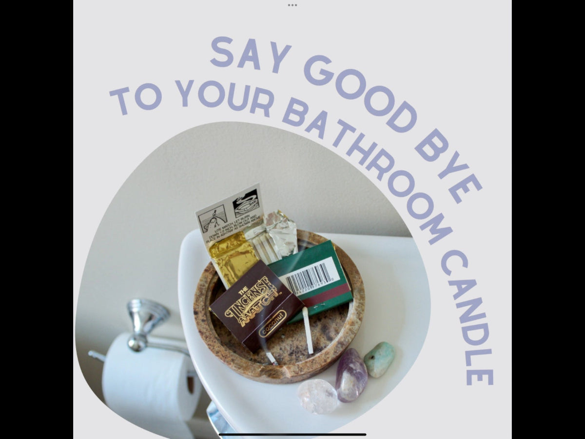 Candle and packaging on a toilet with text 'Say Goodbye to Your Bathroom Candle' on a white background