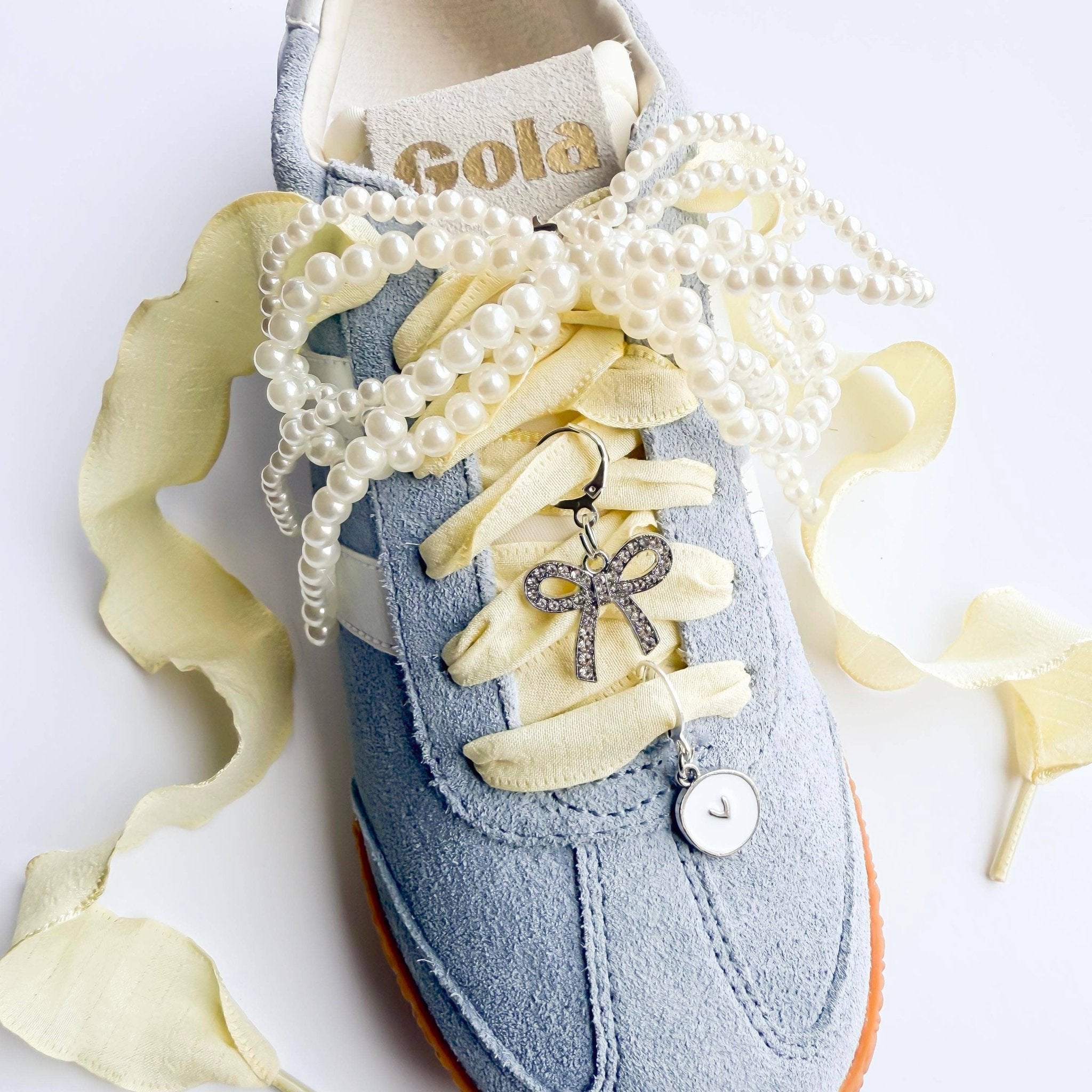Sneaker Charm and Lace Sets : Butter Yellow/Pearl Bow - Twirls + Twigs