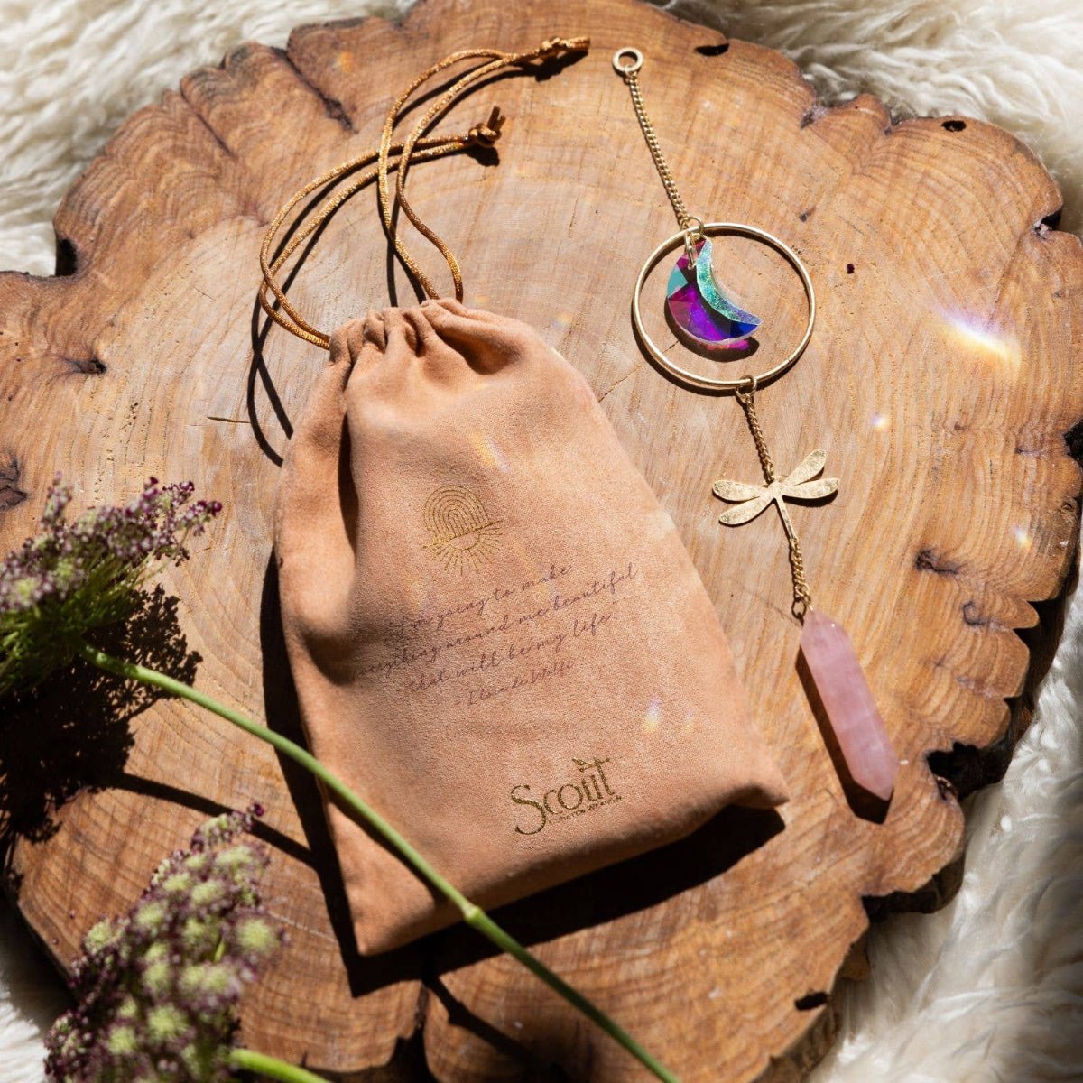 Stone Suncatcher - Dragonfly/Rose Quartz - Twirls + Twigs