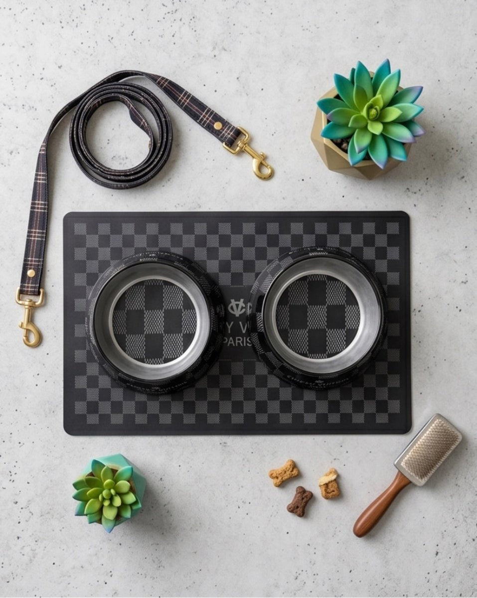 Black Checker Chewy Vuiton Dog or Cat Bowl - Twirls + Twigs