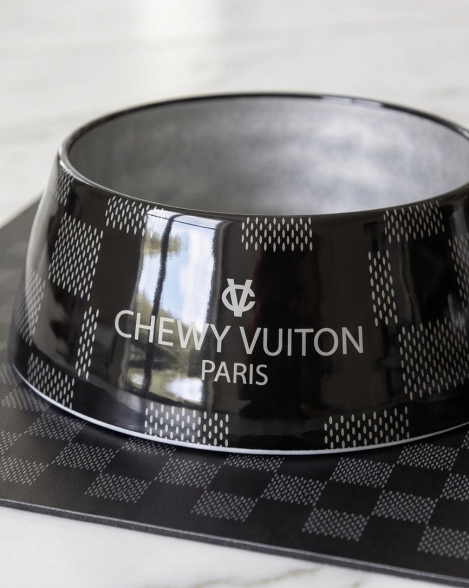 Black Checker Chewy Vuiton Dog or Cat Bowl - Twirls + Twigs
