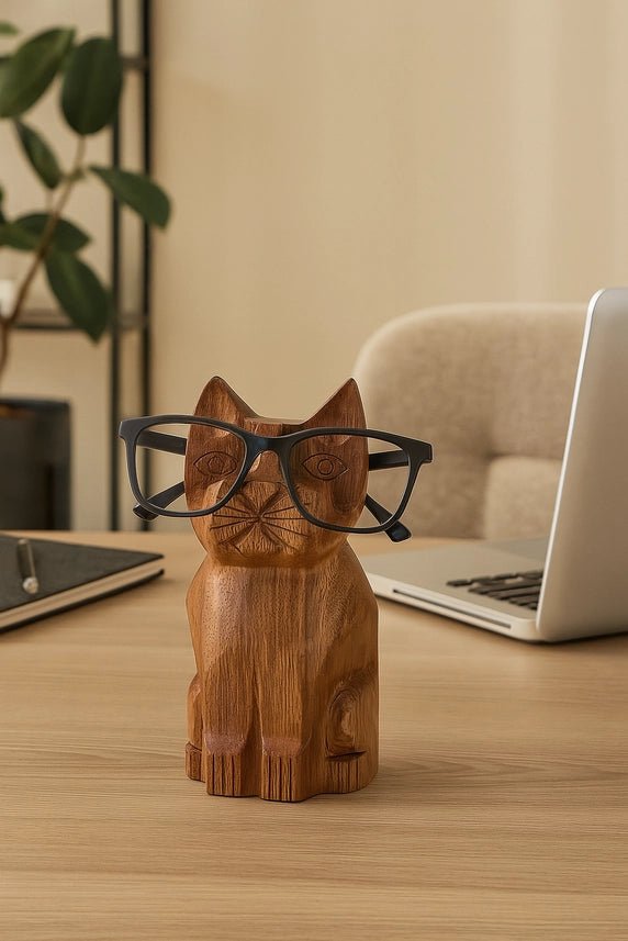 Cat Eyeglass Holder Stand - Hand Carved Wood - Twirls + Twigs