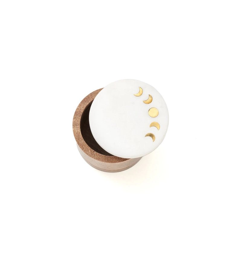 Indukala Moon Phase Round Keepsake Box - Wood, Marble, Brass - Twirls + Twigs