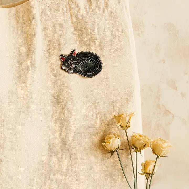 Bala Mani Beaded Sleeping Cat Brooch Pin - Handmade - Twirls + Twigs