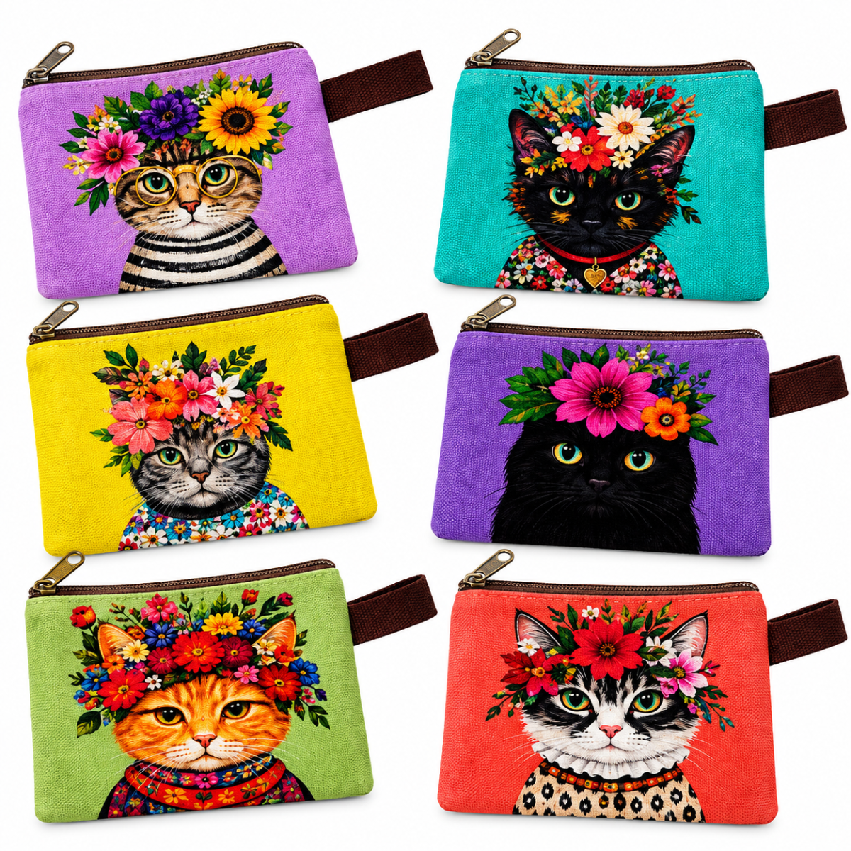 Canvas Colorful Cat Pouch 4.5 x 6 Inch Medium - Twirls + Twigs